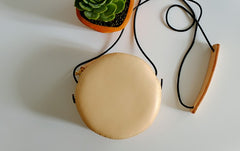 Cute Leather Beige Womens Small Round Crossbody Purse Circle Shoulder Bag for Women