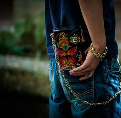 Handmade Leather Monster Mens Chain Biker Wallets Cool Tooled Leather Wallet Long Wallets for Men
