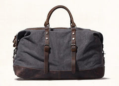 Gray Mens Leather Canvas Large Weekender Bag Canvas Travel Bag for Men