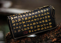 Handmade Leather Mens Chinese Handwriting Biker Chain Wallet Cool Leather Wallets Long Wallets for Men