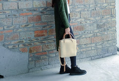 Handmade Leather Beige Womens Square Box Handbag Shoulder Bag Purse for Women