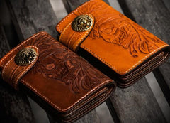 Handmade Leather Tooled Skull Indian Chief Biker Wallets Mens Cool billfold Chain Wallet Trucker Wallet with Chain
