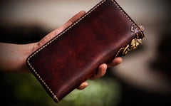 Handmade Leather Tooled Ganesh Mens Chain Biker Wallets Cool Leather Wallet Zipper Long Wallets for Men