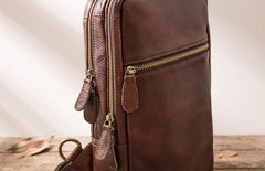 Coffee Leather Mens Sling Bag Sling Shoulder Bag Sling Chest Bag for men