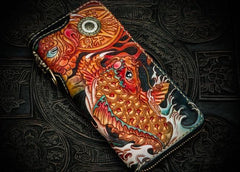 Handmade Leather Tooled Carp Mens Chain Biker Wallet Cool Leather Wallet Long Phone Wallets for Men
