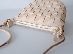 Cute Leather Beige Braided Womens Small Crossbody Purse Mini Shoulder Bag for Women
