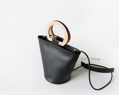 Cute Leather Black Womens Mini Bucket Purse Handbag Barrel Shoulder Bag for Women