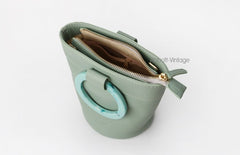 Cute Green Leather Womens Mini Bucket Purse Handbag Barrel Shoulder Bag for Women