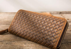 Cool Leather Mens Braided Long Zipper Clutch Wallet Long Wallet for Men