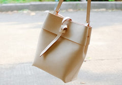 Handmade Leather Beige Womens Bucket Purses Barrel Shoulder Bags for Women