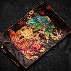 Handmade Leather Carp Tooled Wristlet Bag Mens Cool Leather Wallet Long Clutch for Men