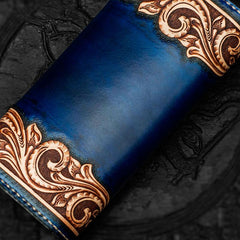 Handmade Leather Men Tooled Blue Floral Cool Leather Wallet Long Phone Clutch Wallets for Men