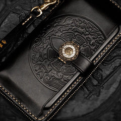 Handmade Leather Tooled Carp Chain Wallet Mens Biker Wallet Cool Leather Wallet Long Phone Wallets for Men