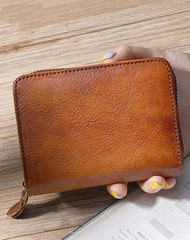 Small Red Leather Bifold Wallet Vintage Billfold Cute Women Zip Wallet For Ladies