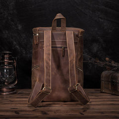 Brown Leather Men's 14 inches Large Barrel Computer Backpack Cylinder Travel Backpack Large College Backpack For Men