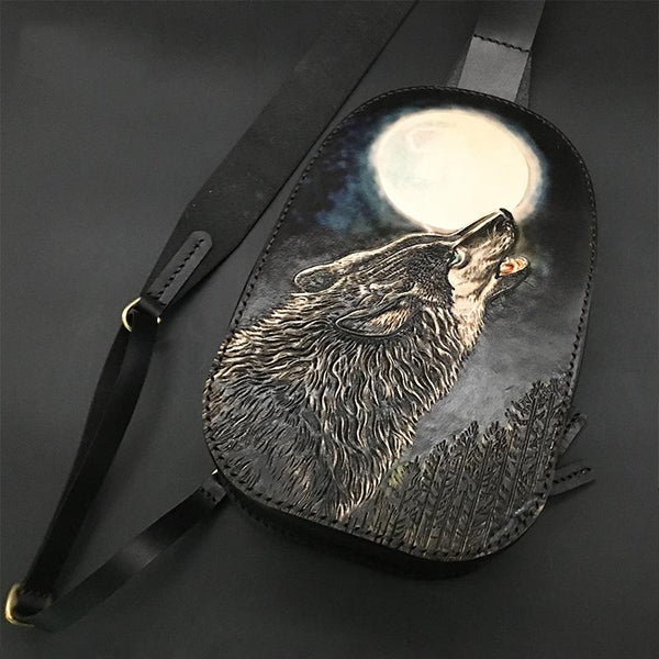 Black Handmade Tooled Leather Wolf Sling Bag - Back View
