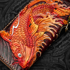 Handmade Leather Tooled Carp Mens Chain Biker Wallets Cool Leather Wallet Long Wallets for Men