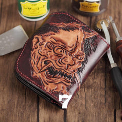 Brown Handmade Tooled Hannya Leather Mens Small Bifold Biker Wallet billfold Wallet For Men