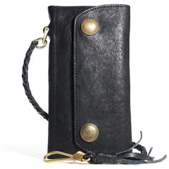 Cool Leather Mens Black Long Chain Wallet Brown Long Trifold Biker Wallet for Men