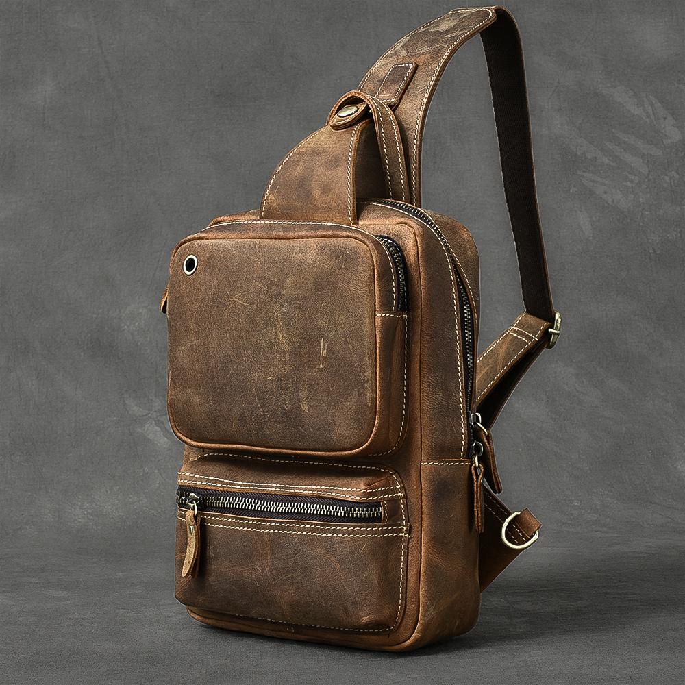 Cool Leather Mens 10" Brown Sling Bag Chest Bag Dark Coffee One Shoulder Backpack for Men