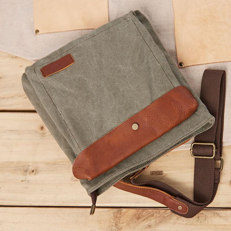 Mens Canvas Leather Square Side Bag Messenger Bag Canvas Shoulder Bag for Men