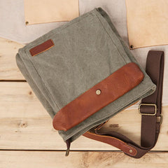 Mens Canvas Leather Square Side Bag Messenger Bag Canvas Shoulder Bag for Men
