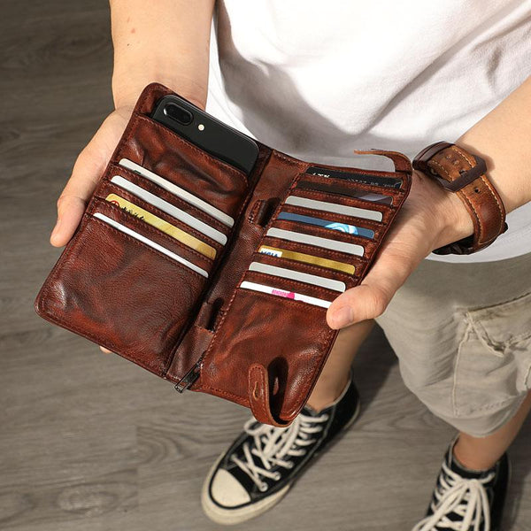 Retro Black Sheepskin Leather Men's Long Wallet - Back View
