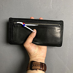 Handmade Genuine Leather Mens Clutch Cool Slim Wallet Zipper Clutch Wristlet Wallet for Men