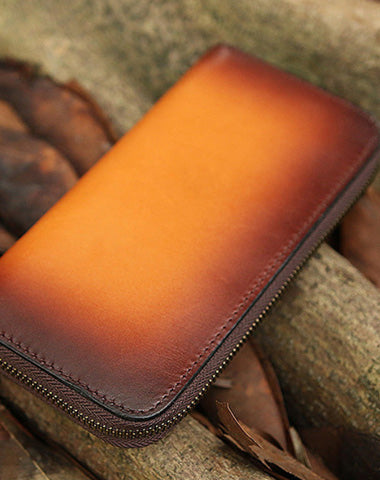 Around Zip Brown Leather Long Wallet Mens Minimalist Zipper Clutch Wallet for Men