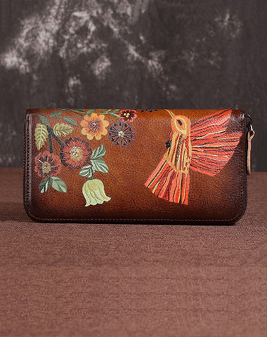 Womens Hummingbird Brown Leather Zip Around Wallet Wristlet Wallet Floral Ladies Zipper Clutch Wallet for Women