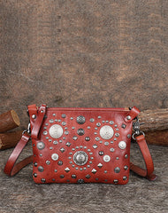 Red Leather Womens Rivets Shoulder Bags Saddle - Side View