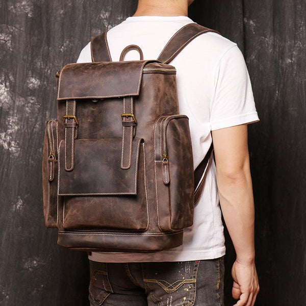 Brown Mens Leather 15 inches Large School Laptop Backpack Brown Travel Backpacks FY03882051