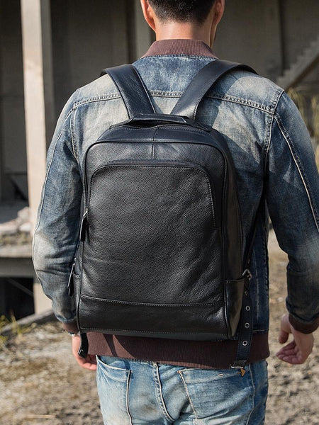 Black Fashion Mens Leather 15-inch Business Computer Backpacks Laptop Backpacks HB04691121
