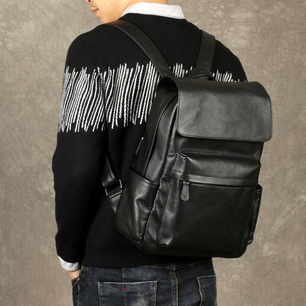 Genuine Leather Mens Cool Backpack Large Black Travel Backpack Hiking Backpack f GZ05381008