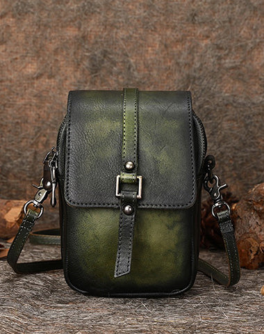 Green Leather Womens VIntage Phone Shoulder Bag Small Side Bag Handmade Crossbody Purse for Ladies