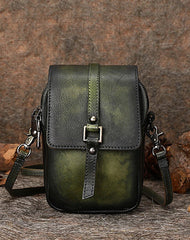 Green Leather Womens VIntage Phone Shoulder Bag - Front View