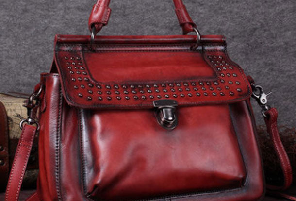 Vintage Leather Handbag Purse Rivet Shoulder Bag Purse For Women - EverHandmade
