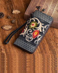 Vintage Floral Leather Wristlet Wallet Womens Zip Around Wallets Floral Ladies Zipper Clutch Wallets for Women