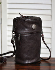 Womens Coffee Leather Bucket Crossbody Bag Purse Vintage Handmade Round Barrel Shoulder Bag for Women