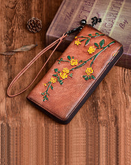Handmade Womens Red Leather Plum Blossom Flowers Wristlet Wallet Zip Around Wallet Ladies Zipper Clutch Wallet for Women