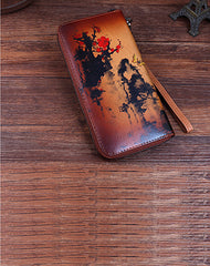 Handmade Womens Brown Leather Zip Around Wallet Plum Blossom Wash Painting Flowers Wristlet Wallet Ladies Zipper Clutch Wallet for Women