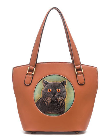 Handmade Womens Brown Leather Tote Handbag Purse Black Cat Tote Bag for Women