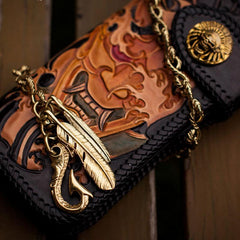 Handmade Leather Tooled Prajna Mens Chain Biker Wallet Cool Leather Long Wallet With Chain Wallets for Men