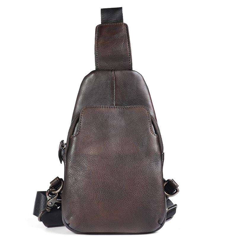 Handmade Brown Leather Mens Sling Bag One Shoulder Backpack Chest Bag for men