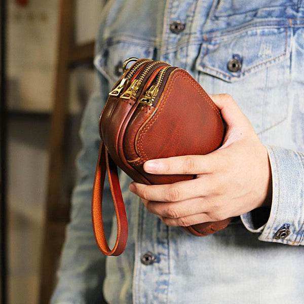 Vintage Leather Mens Clutch Cool Handmade Wallet Triple Zippers Clutch Wristlet YBL03582014
