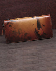 Handmade Womens Black Leather Zip Around Wallet Wash Painting Flowers Wristlet Wallet Ladies Zipper Clutch Wallet for Women