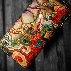 Handmade Leather Tooled White Jambhala Mens Chain Biker Wallet Cool Leather Wallet Zipper Long Phone Wallets for Men