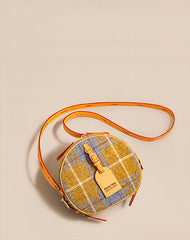Cute Womens Small Blue Leather Tweed Round Crossbody Purse Handmade Round Shoulder Bag for Women