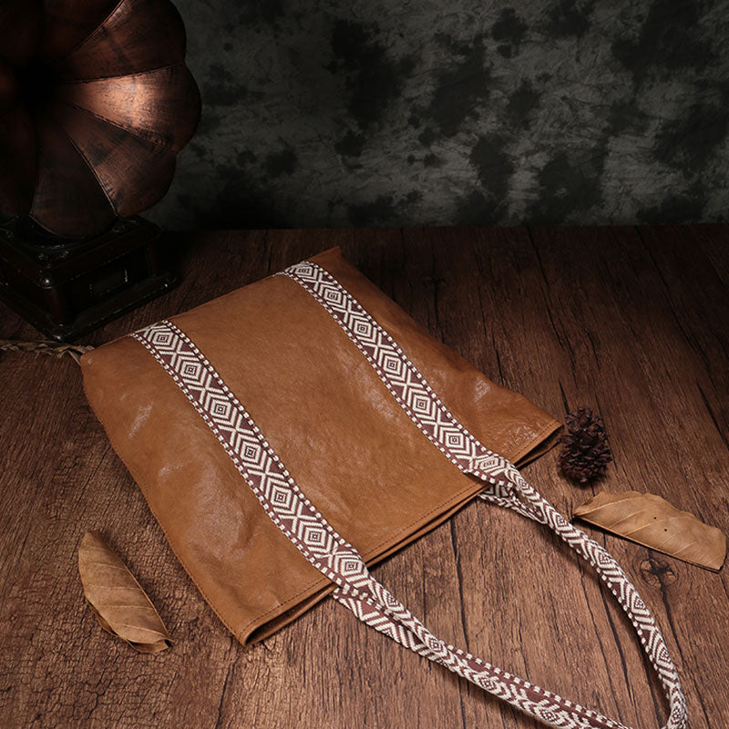 Country Style Black Leather Tote Bag Shopper Bag Brown Tote Purse For Women