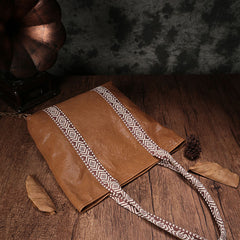Country Style Black Leather Tote Bag Shopper Bag Brown Tote Purse For Women